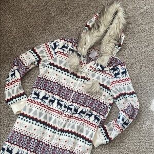 Secret Treasures Fair Isle Holiday Zip Onesie w/Faux Fur Detail Hood & Poms (S)